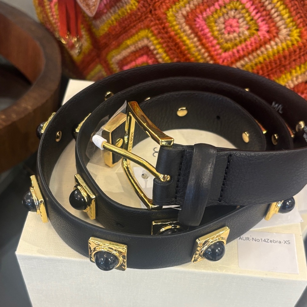 Aureum Black Leather No. 2 Studded Waist Belt with Gold Hardware M/L, XS/S